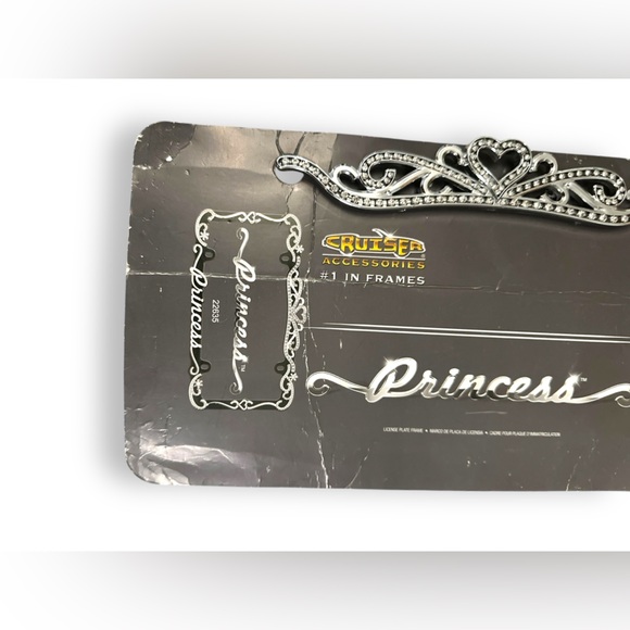 Black & Chrome Princess License Plate Frame & Diamond Bling Fasteners New - Picture 2 of 16